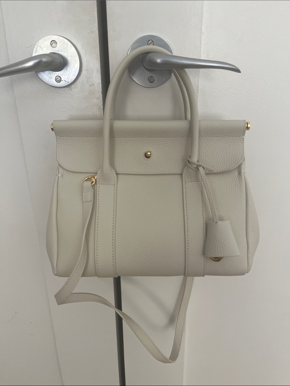 Cream Leather Top-Handle Satchel with Gold Hardware